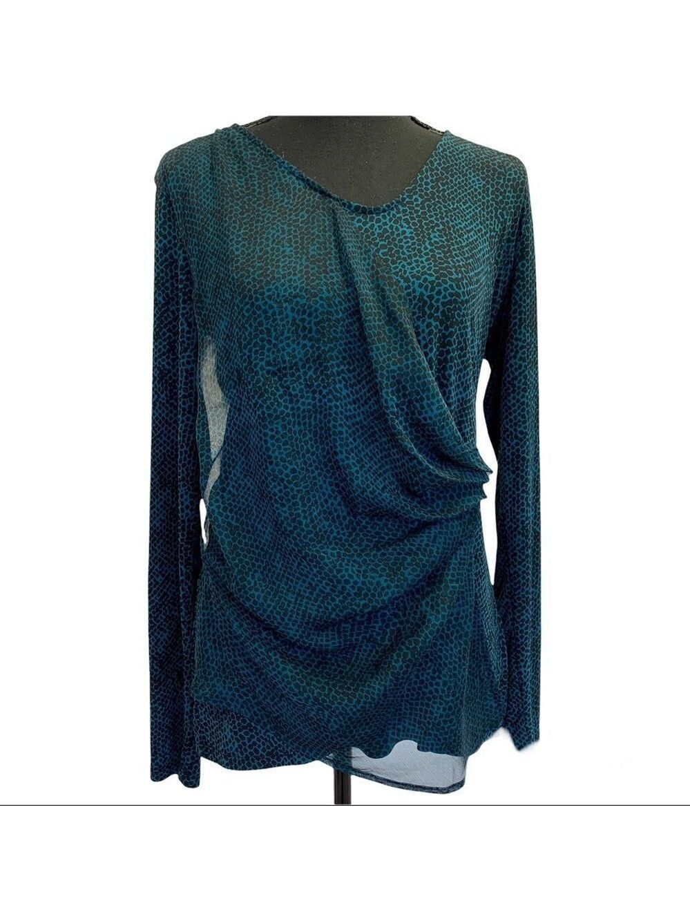 Jones New York green long sleeve snake print side ruching chiffon blouse size M